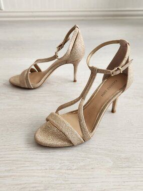 Gianni Bini Shaylinn Glitter Gold Glitter T-Strap Heels 5.5